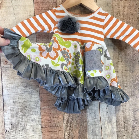 Giggle Moon Orange Gray Striped Floral Ruffle Dress Baby 6M Long Sleeve - Picture 4 of 11